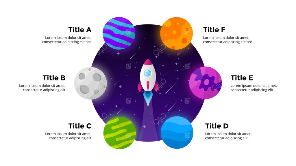 اینفوگرافی استارتاپ: طرح دایره‌ای برای نمایش شش گزینه همراه با پرتاب موشک به فضا و پس‌زمینه کیهانی