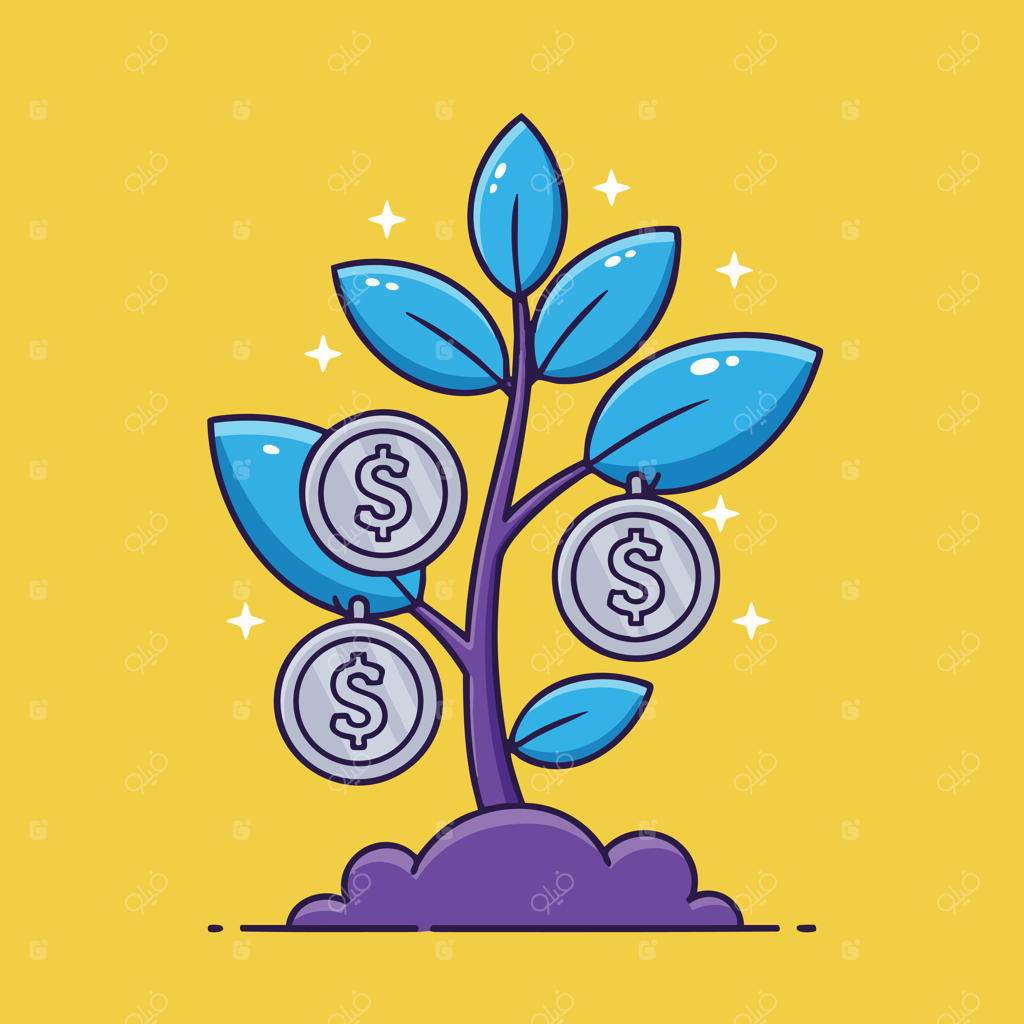 تصویری از درخت پول با برگ‌های آبی و سکه‌های نقره‌ای در حال رشد روی خاک بنفش برای مفهوم رشد مالی