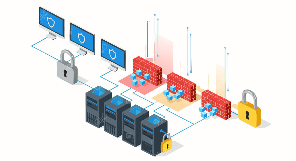 تصویر سازی مفهومی از معماری امنیت شبکه، با نمایش فایروال‌ها و حفاظت از سرورها و جریان داده‌ها