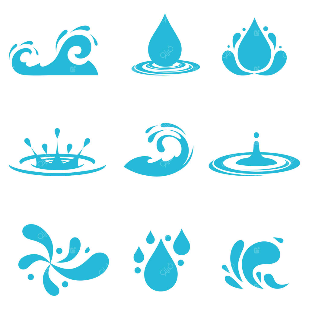 آیکون‌های آب و قطره‌های آبی با وکتور موج و پاشش آب برای تم‌های طراحی زیست‌محیطی