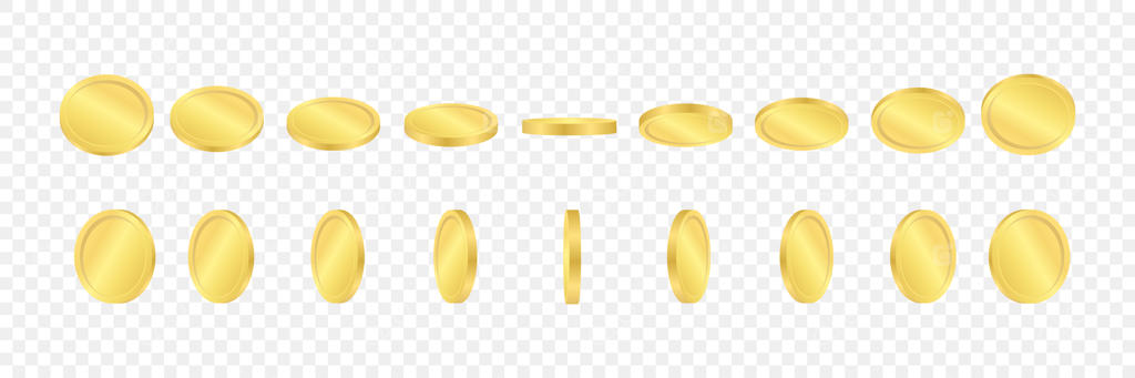 تصویر سکه‌های طلایی سه‌بعدی روی پس‌زمینه شفاف، در وضعیت‌های مختلف.
