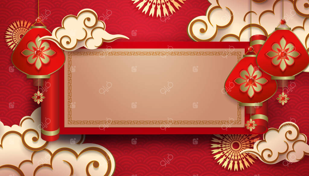 طراحی قرمز با قاب مستطیلی، فانوس‌های آویز آسیایی و ابرها