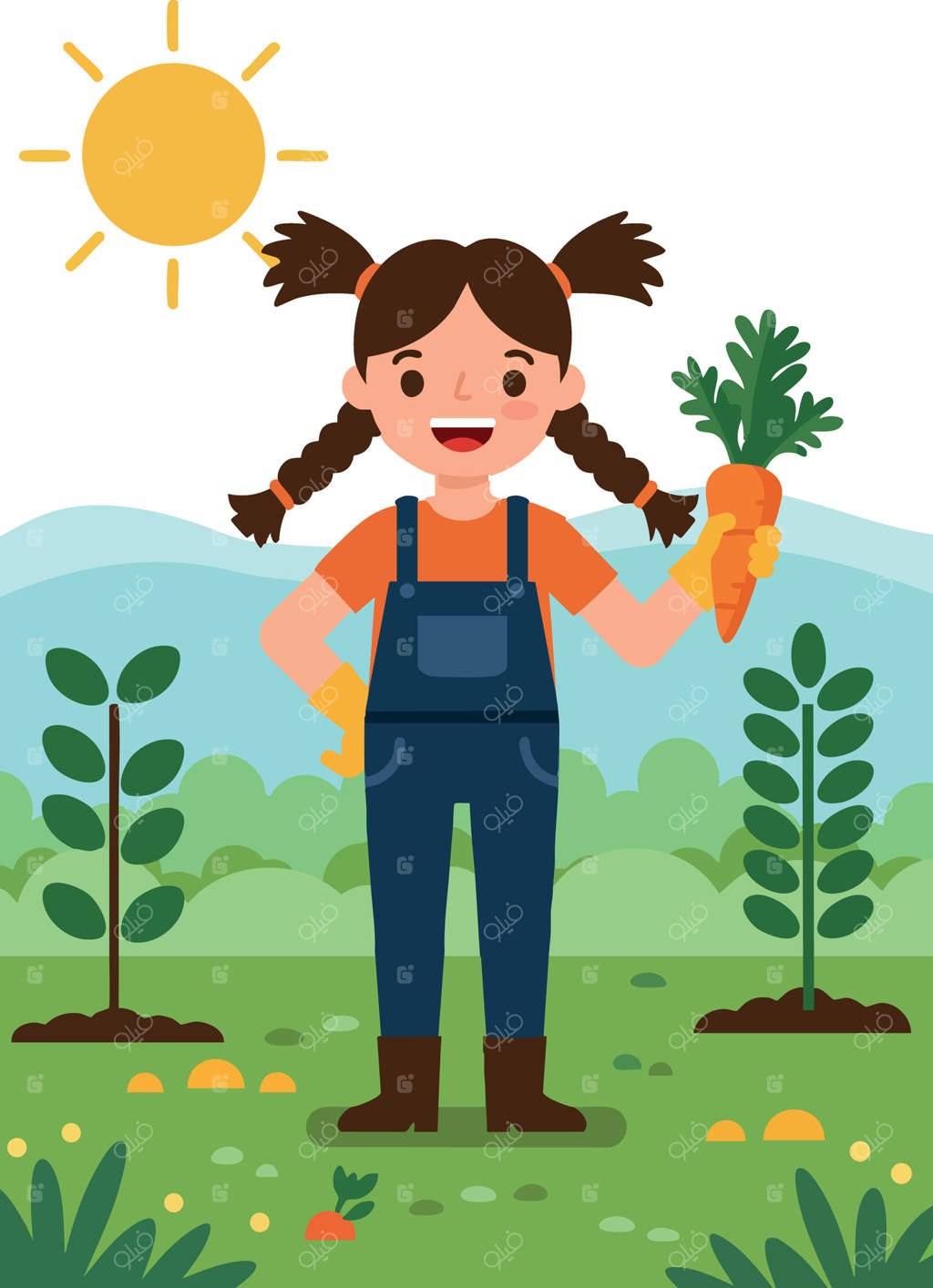 دختری با هویج تازه در باغ با تصویر خورشید و گیاهان سبز