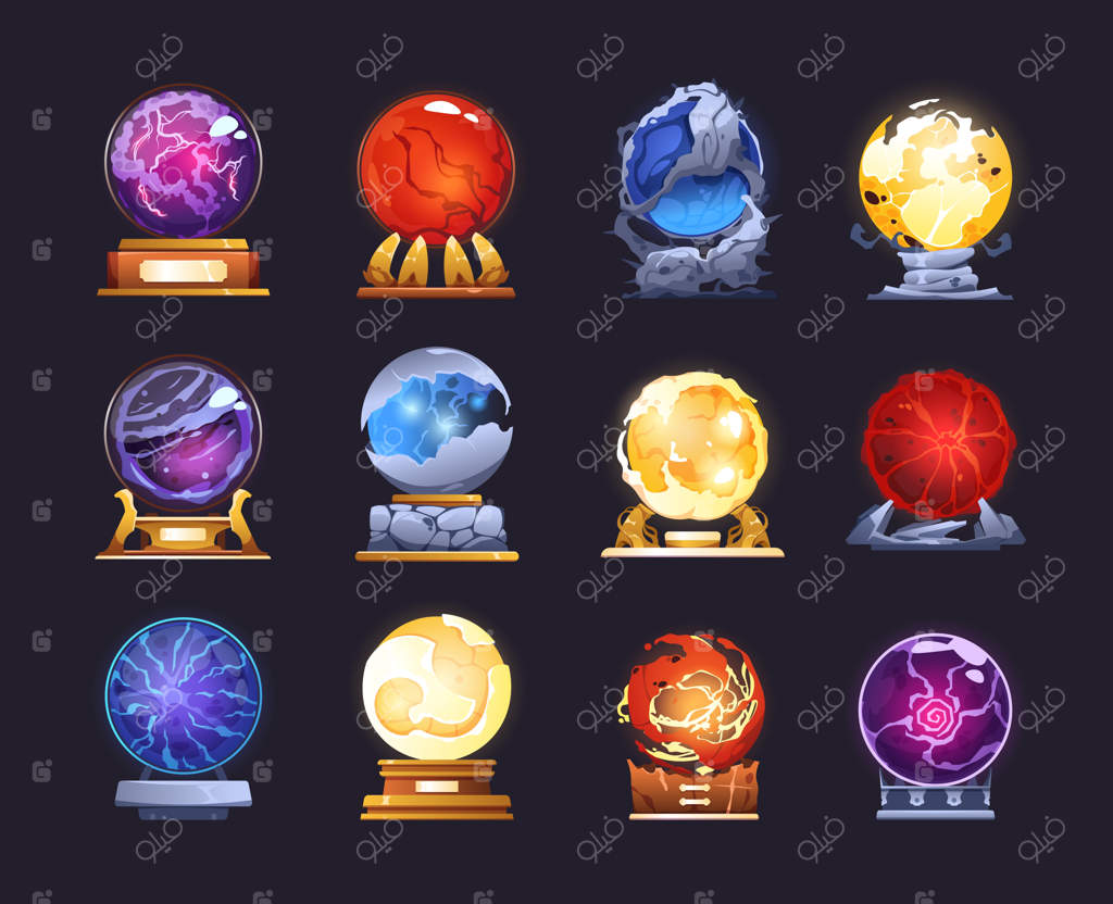 گوی جادویی: توپ کریستالی برای پیش‌گویی آینده - مجموعه کره شیشه‌ای فانتزی جادوگر بر روی پایه‌های چوبی و فلزی