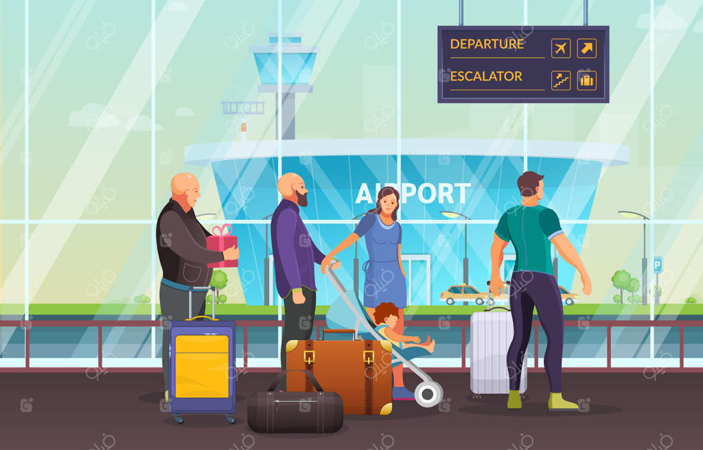 گروه مسافران در انتظار در سالن فرودگاه