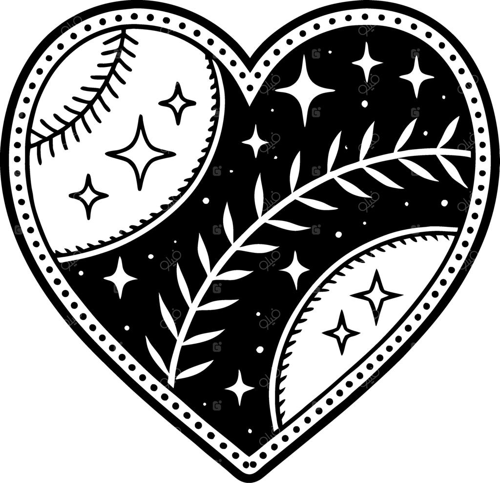 طرح قلب با المان‌های بیسبال، نقوش گل و ستاره برای تاتو