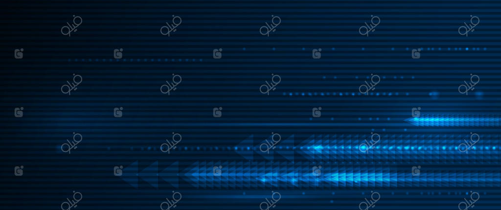 طراحی الگوی انتزاعی فلش‌ها و خطوط. حرکت پویا و تاری حرکت بر روی پس‌زمینه آبی تیره. مفهوم فناوری اتصال و فضای مجازی آینده‌نگر.