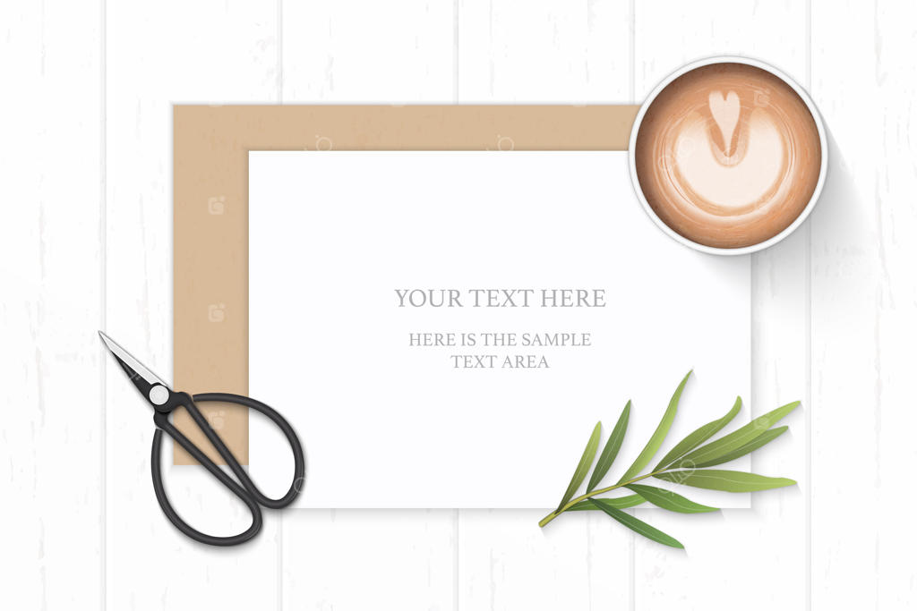 کاغذ سفید روی میز چوبی با قهوه و برگ ترخون