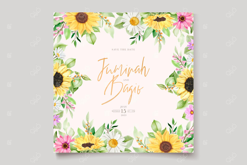ست کارت دعوت با طرح دست‌کشیده آفتابگردان و گل مینا