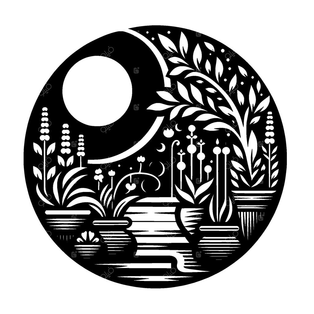 باغ آسمانی: تصویری دایره‌ای سیاه و سفید با گلدان‌ها، ماه هلالی و خورشید درخشان.