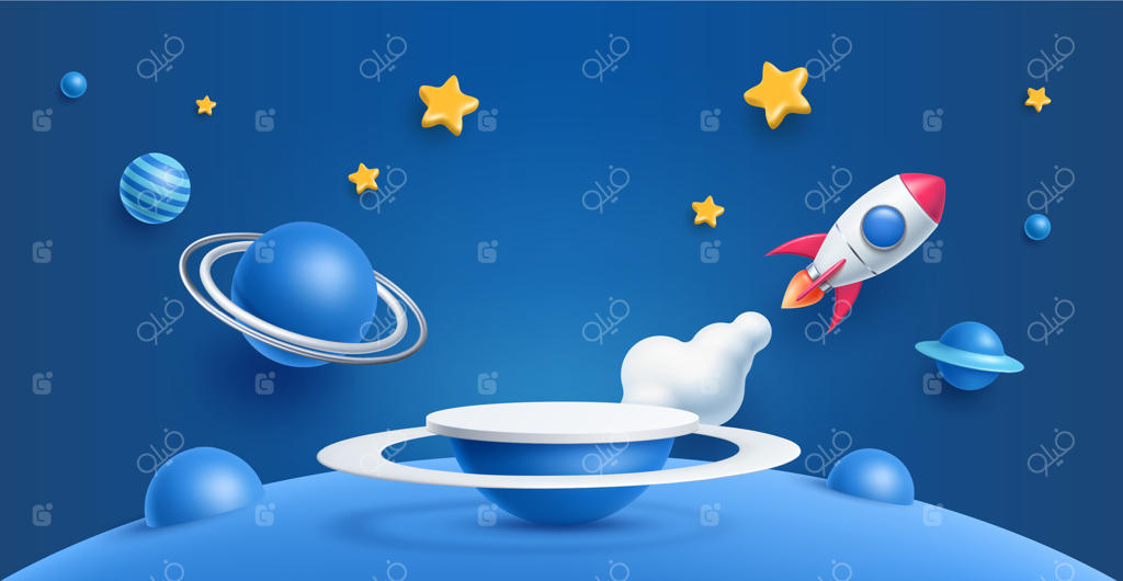 صحنه سخنرانی کودک با تم سه‌بعدی، موشک فضایی و سیارات کهکشان