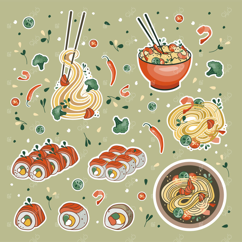 استیکرهای غذای آسیایی: نودل اودون یا رامن، سوشی و کاسه مناسب برای بنرهای رستوران، لوگوها و تبلیغات فست‌فودهای دریایی