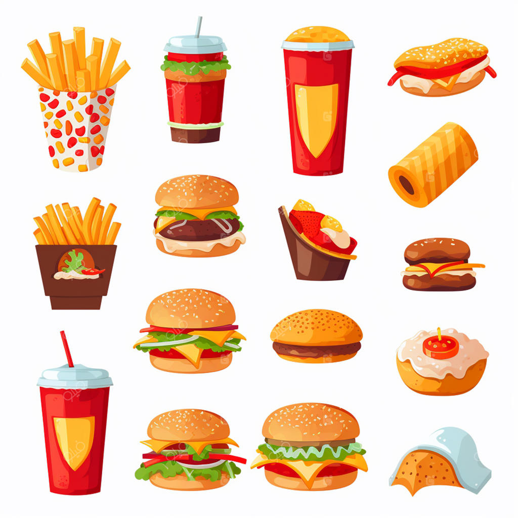 آیکون وکتور همبرگر و تصویرسازی فست‌فود، پیتزا و ساندویچ برای منوی رستوران
