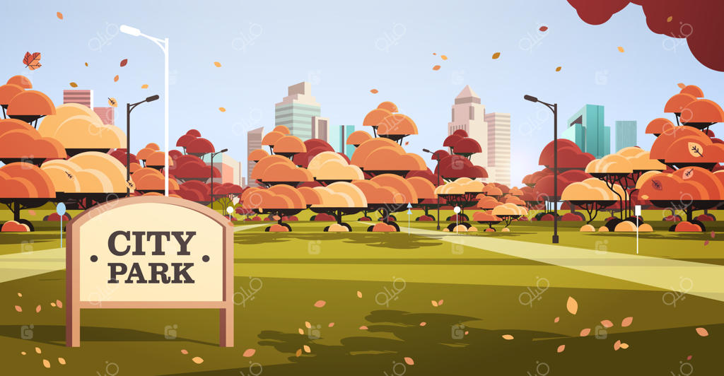 تابلو در پارک شهر پاییزی با آسمانخراش‌ها و برگ‌های زرد درخشان در نور خورشید