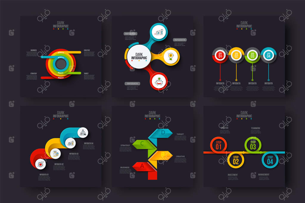 مجموعه‌ عناصری اینفوگرافیک تیره: چرخه‌ها، نمودارهای جریانی، فلش‌ها و عناصر انتزاعی.