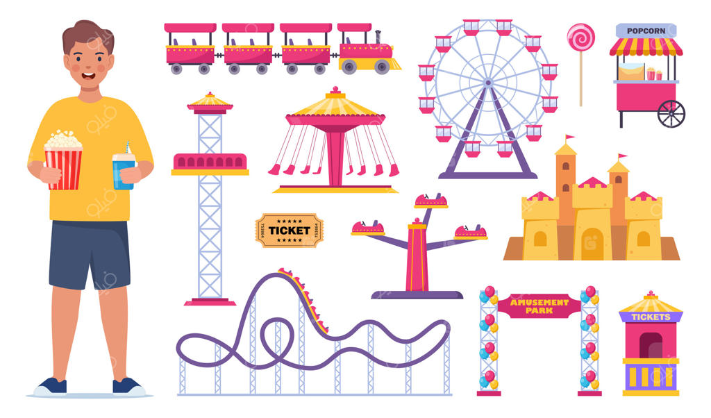 نمادهای شهربازی: کودک، چادر سیرک، چرخ و فلک، ترن هوایی، چرخ‌وفلک و غرفه پاپ کورن، باجه بلیط، بادکنک. بستنی، نوشابه، پاپ کورن.