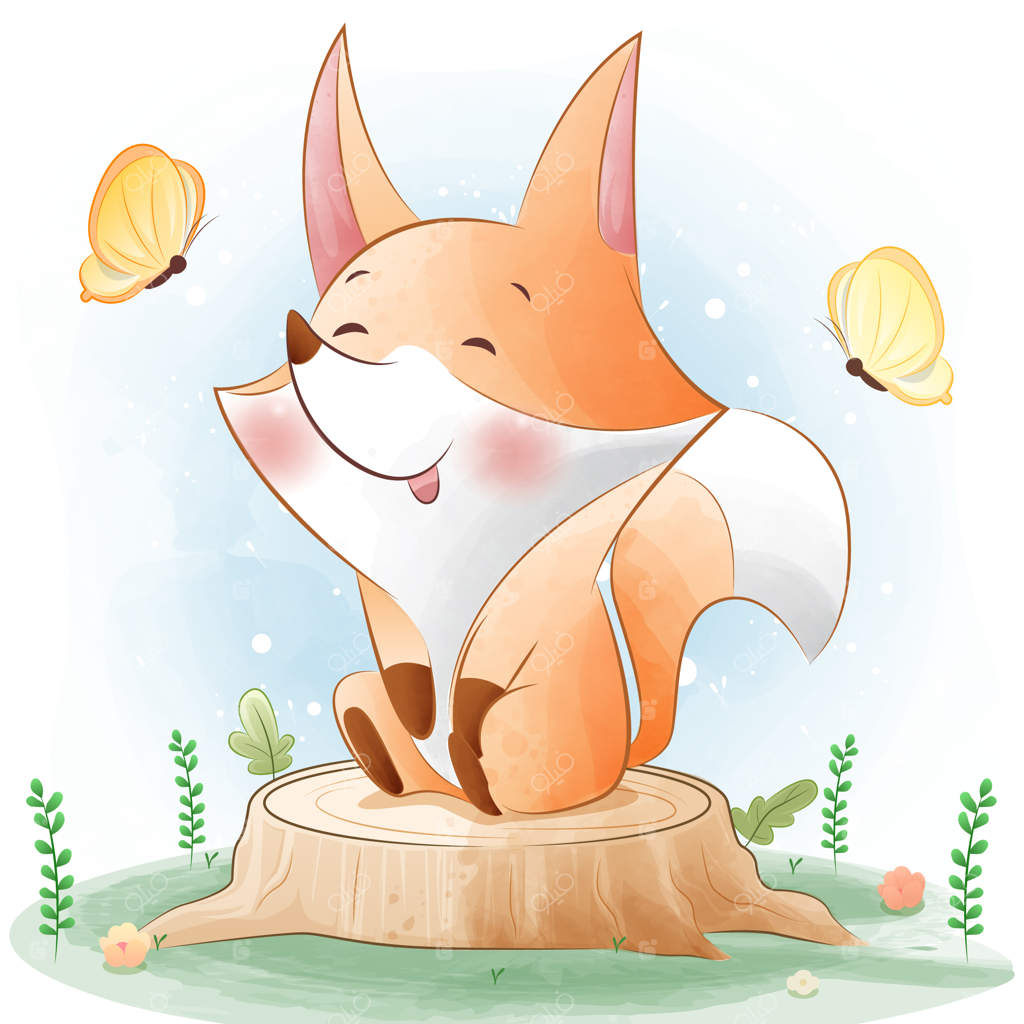 تصویر کارتونی روباه خوشحال روی کنده درخت