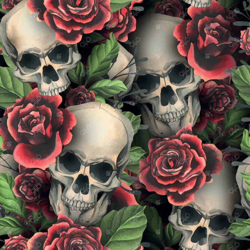 جمجمه‌های انسانی واقع‌گرایانه با گل‌های سرخ و سیاه، برگ‌های سبز و شاخه‌های سیاه. نقاشی دستی با آبرنگ. پترن تاریک و ترسناک برای تزئین و طراحی پس‌زمینه. نسخه وکتور EPS