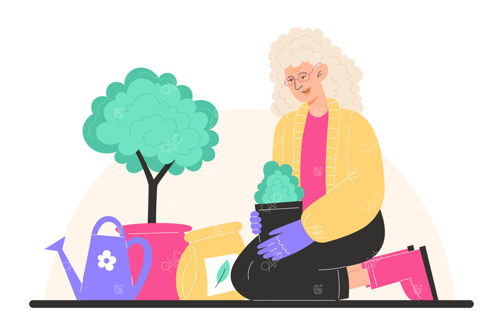 زنی مسن در باغچه نشسته و گل‌ها را در گلدان می‌کارد