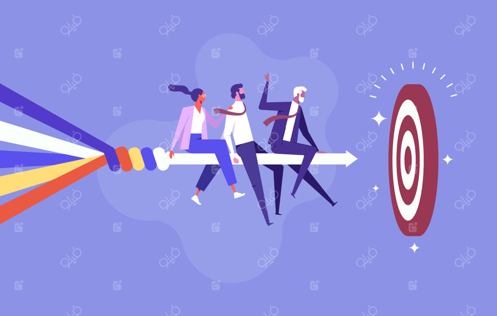 تعداد زیادی از کارآفرینان و مدیران دور هم جمع شده‌اند و مهارت‌ها و تخصص‌های خود را در پروژه‌ای که به‌ سوی هدف پیش می‌رود ادغام می‌کنند. خطوط رنگارنگ به یک فلش واحد تبدیل می‌شوند.