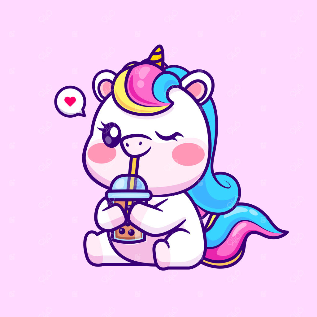 تصویر کارتونی شگفت‌انگیز اسب تک‌شاخ در حال نوشیدن چای حبابی