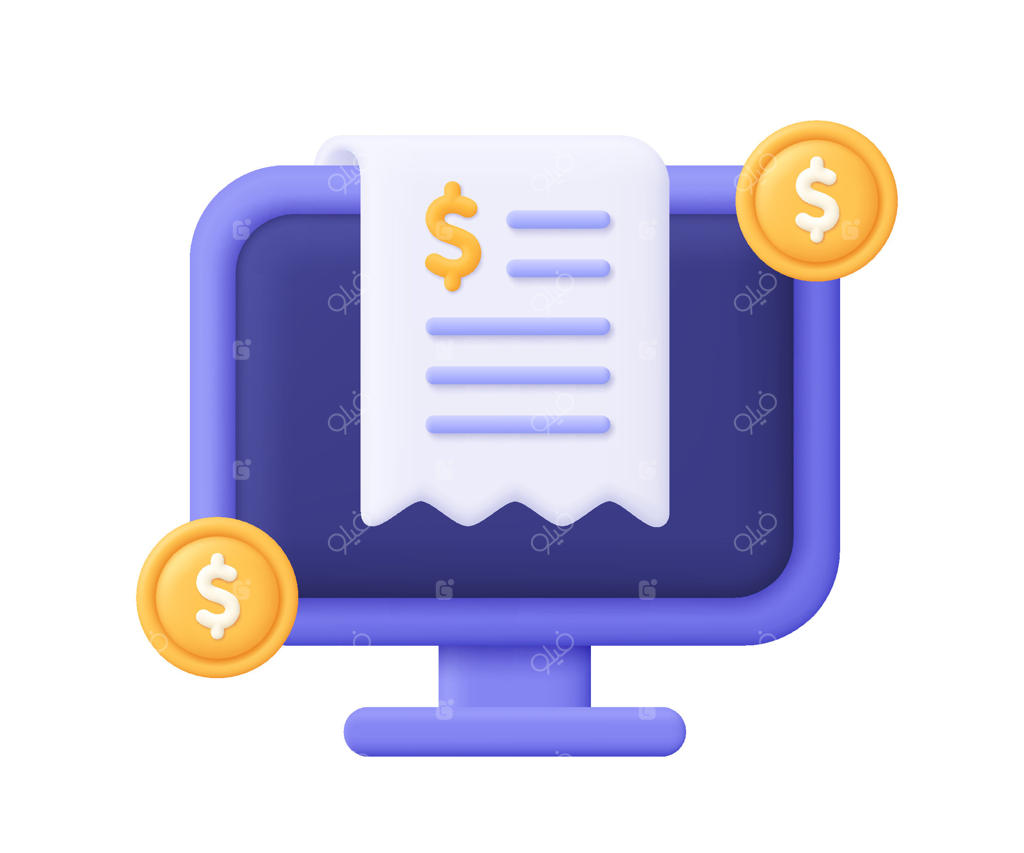 کامپیوتر با رسید و سکه‌ها: تجارت و امور مالی، پرداخت آنلاین و بانکداری، صورت‌حساب و تراکنش. نماد سه‌بعدی در سبک کارتونی و ساده.