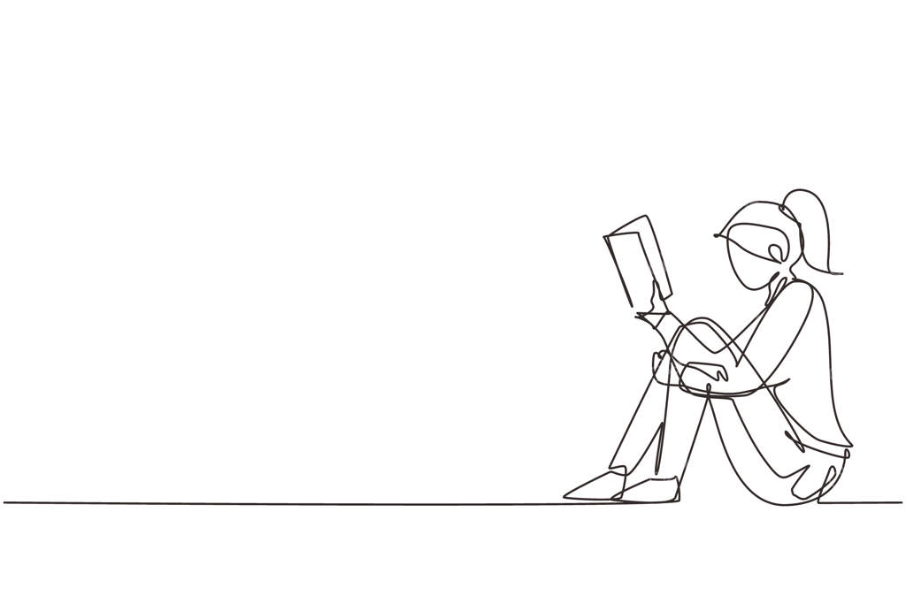 طرح خطی ساده از زنی جوان که روی زمین نشسته و مشغول مطالعه کتاب است