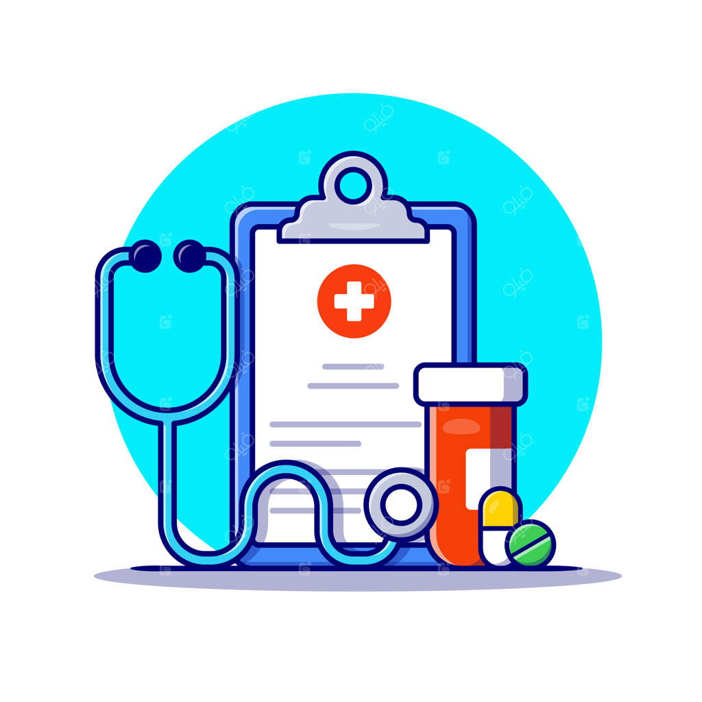 آیکون کارتونی نوار چسب، گوشی پزشکی، شیشه و قرص‌ها. مفهوم آیکون دارو و سلامتی