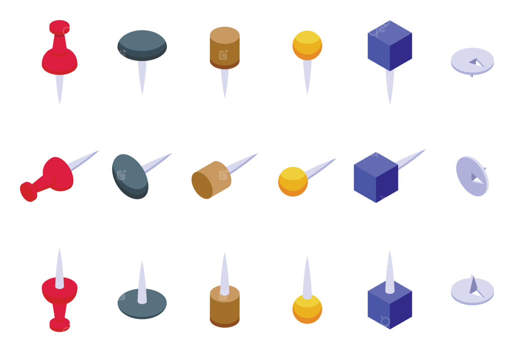 مجموعه آیکون‌های سوزن ته‌گرد ایزومتریک. دفتر کاغذی