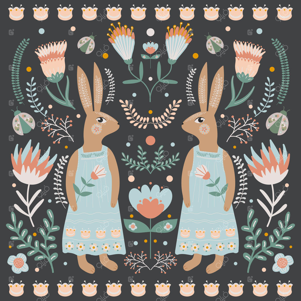 کارت تبریک عید پاک به سبک هنر مردمی با طرح خرگوش در لباس و نقش‌های گلدار بهاری