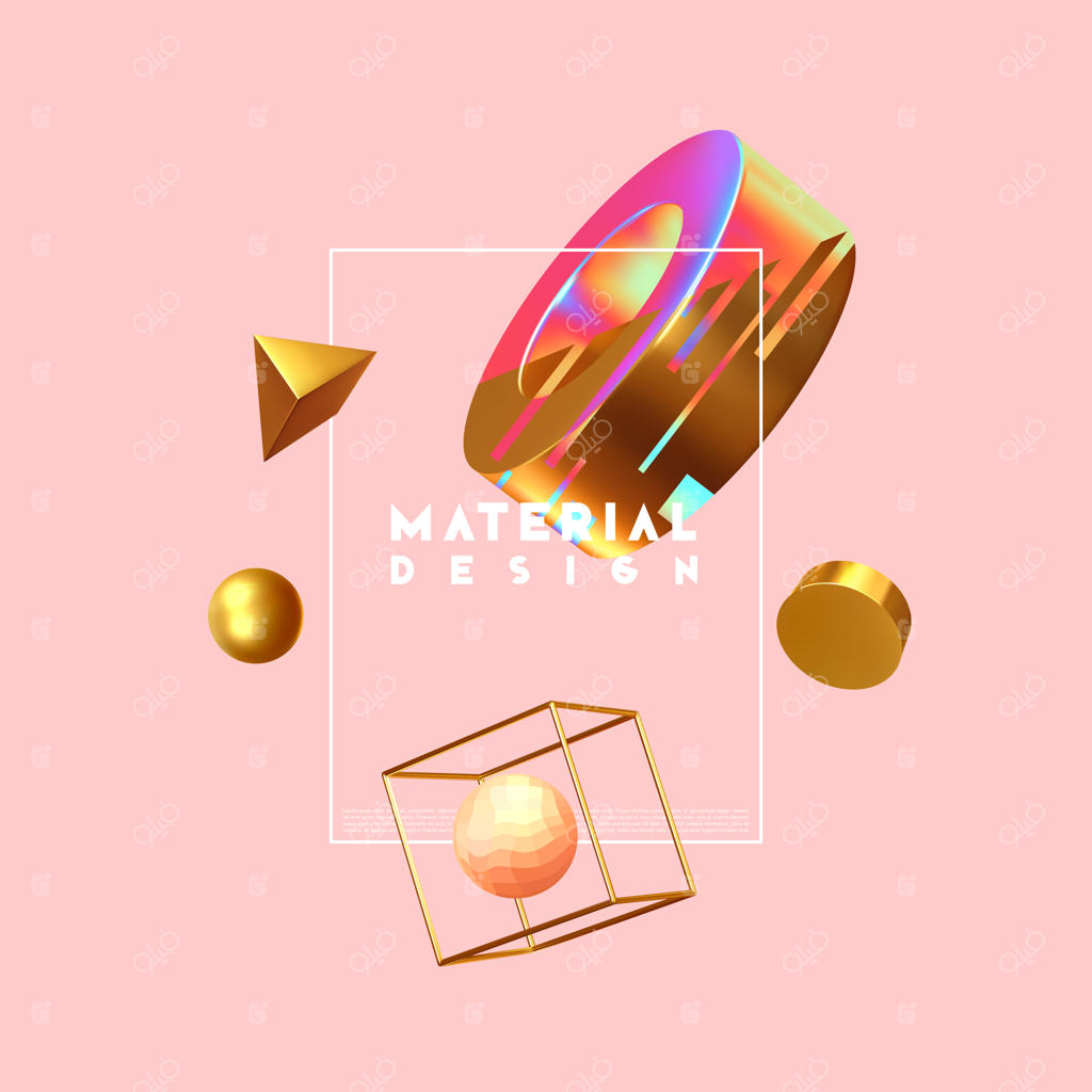 طراحی مینیمال با اشکال واقعی اشیاء سه‌بعدی: عناصر حجمی فلزی طلایی روی زمینه صورتی