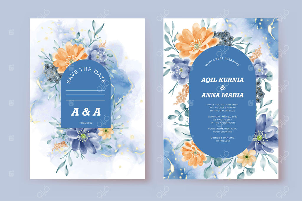 قالب کارت عروسی گل‌دار با زمینه آبی و نارنجی جذاب