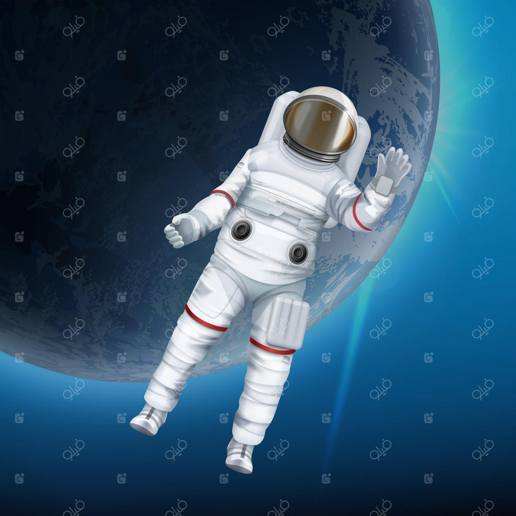 تصویری از یک فضانورد در حال شناور بودن در فضا با سیاره‌ای در پس‌زمینه