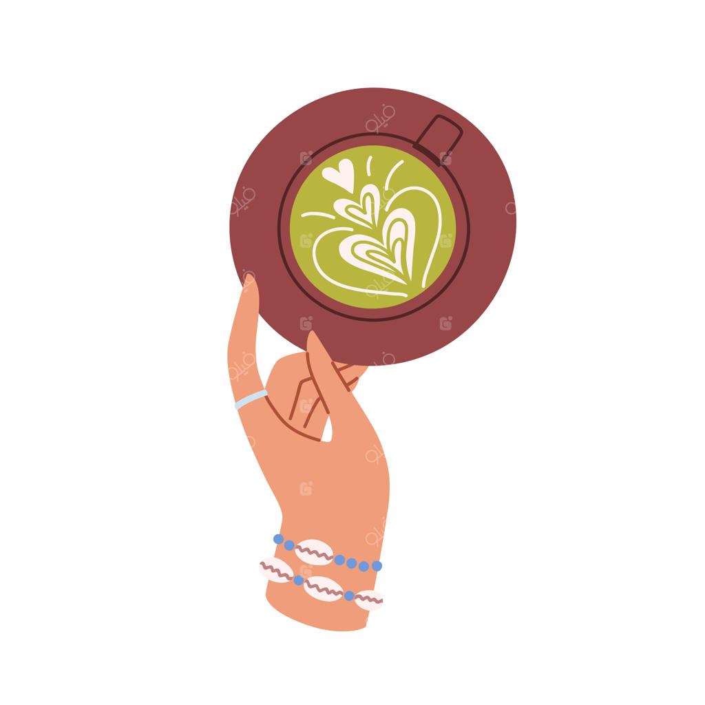 دستی که فنجان چای ماچا با نعلبکی را می‌گیرد. نوشیدنی سبز با طرح کف شیر. نمای بالا از یک قهوه ژاپنی در ماگ. تصویرسازی وکتور تخت، جدا شده روی زمینه سفید.