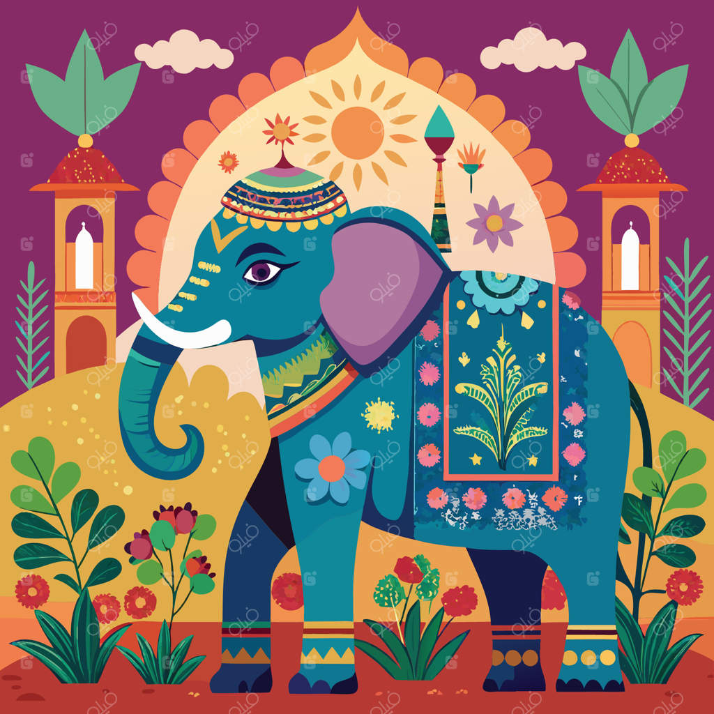 فیل مغول با گلدوزی‌های ظریف در باغی آرام قدم می‌زند