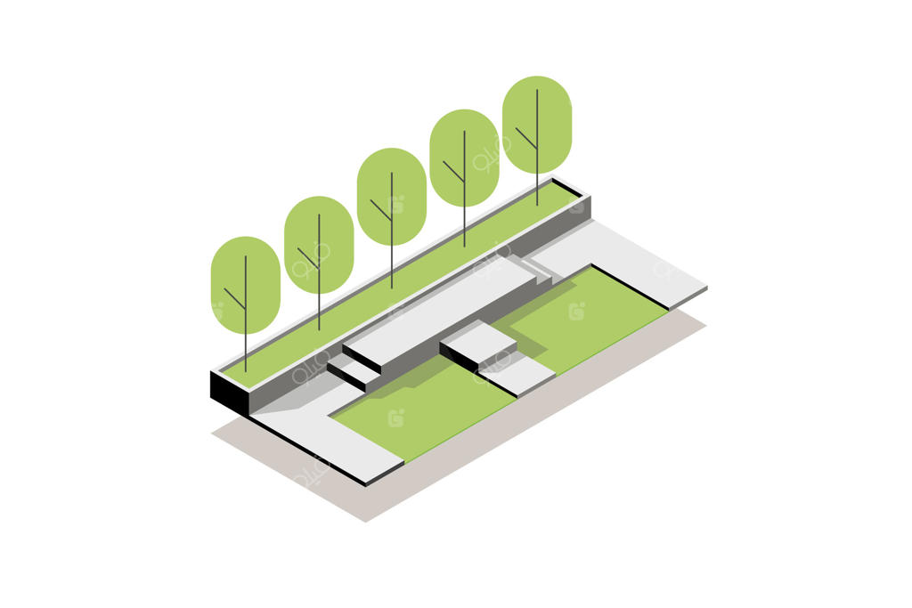 معماری مدرن با دید ایزومتریک از باغ، پارک و تراس در طبیعت طراحی شده است.