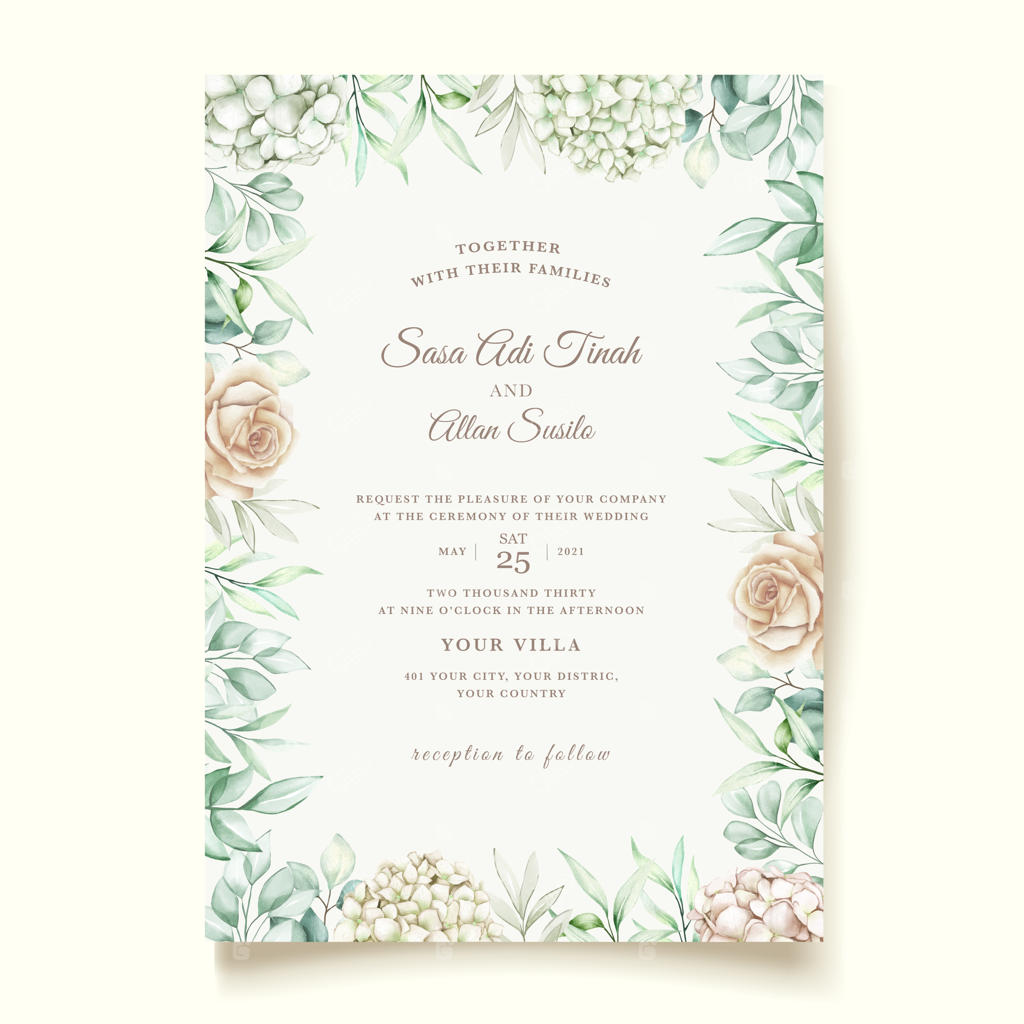 ست کارت دعوت عروسی طرح گل و برگ آبرنگی