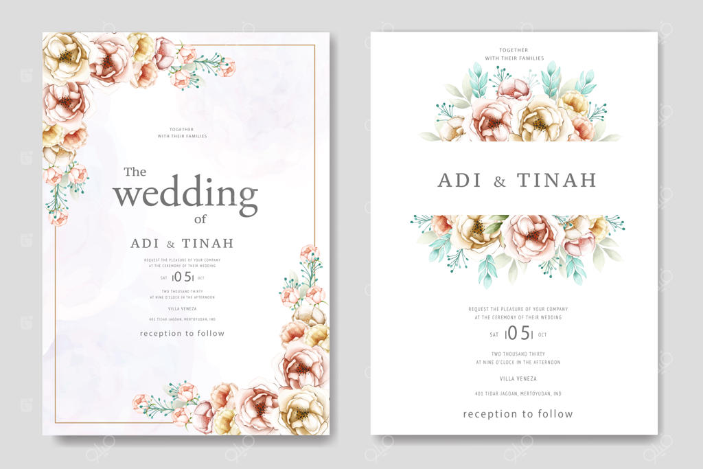 کارت دعوت عروسی با قاب گل‌های آبرنگی