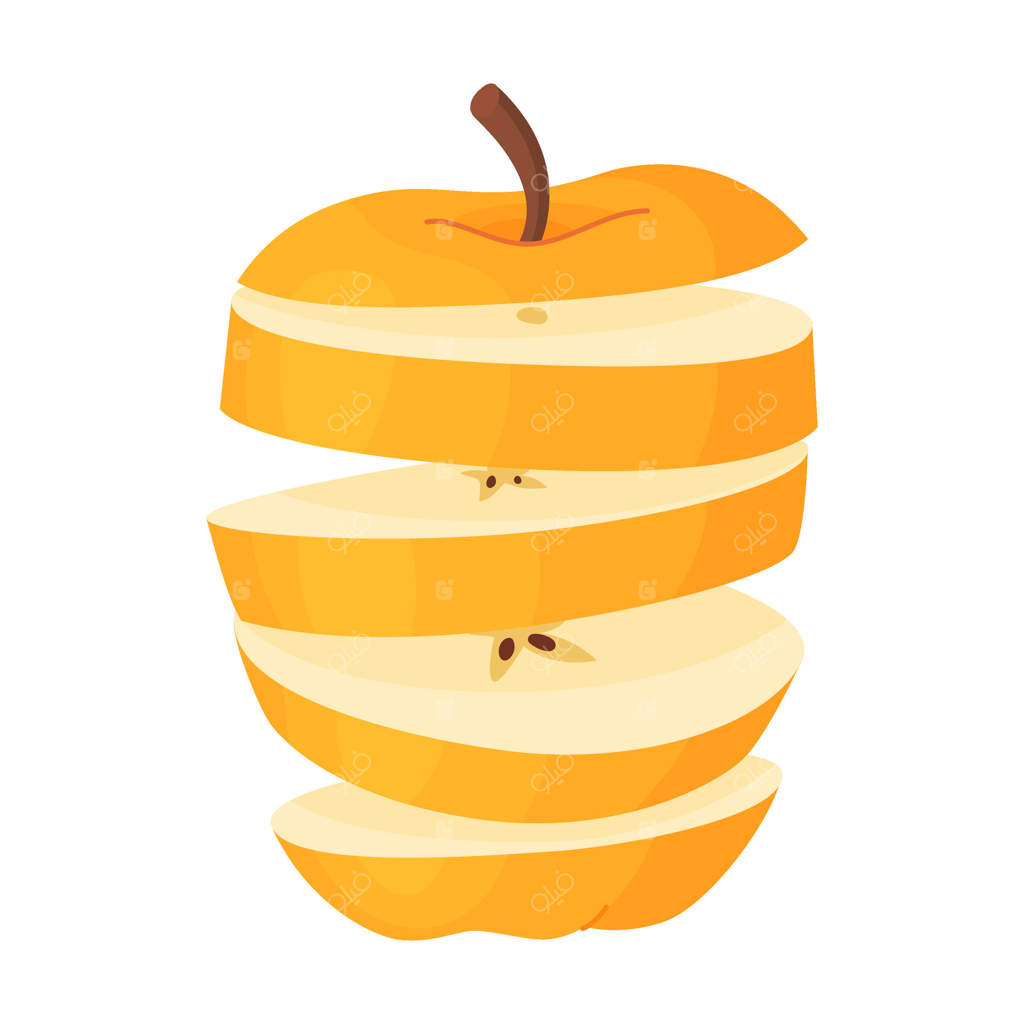برش‌های سیب در هوا معلق‌اند: برش‌های زرد و رسیده سیب از باغ، نگاره دستی مواد غذایی. برش‌های تازه میوه به سبک تخت و پس‌زمینه شفاف. تصویرسازی