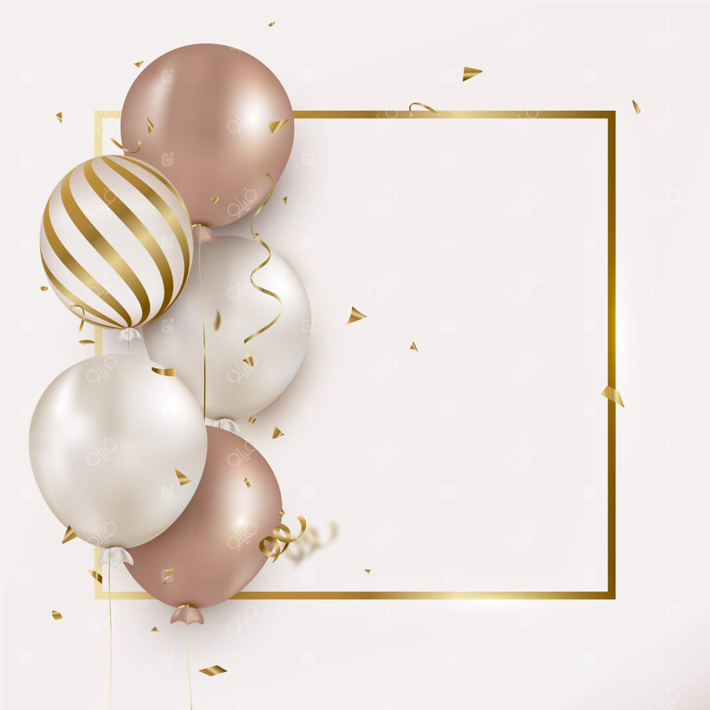 کارت تبریک تولد با بادکنک‌های هلیومی و کاغذپاشی رنگی روی زمینه سفید.