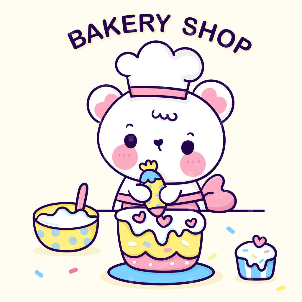 شخصیت بامزه و شیرینی‌پز توله خرس کارتونی که کیک تولد می‌پزد برای لوگوی نانوایی kawaii