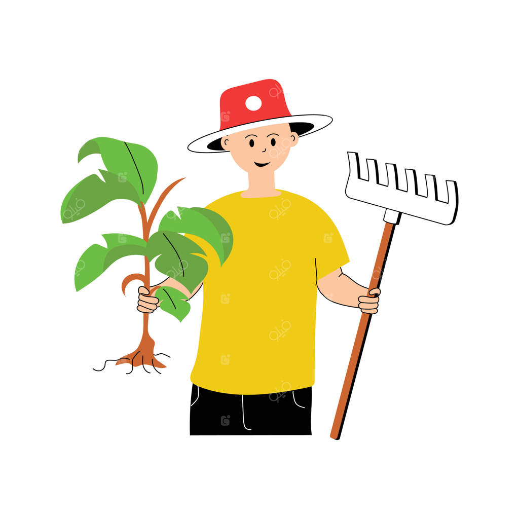 تصویر شادی کشاورز با گیاه و چنگک - تصویرسازی حرفه‌ای وکتور