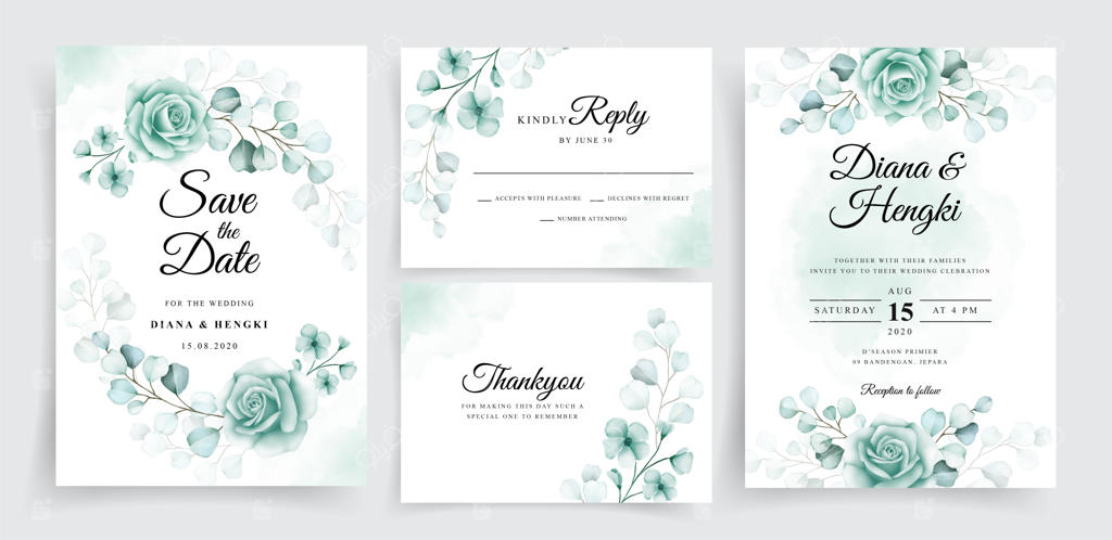 مجموعه الگوهای کارت دعوت عروسی زیبا با طرح آبرنگی اوکالیپتوس