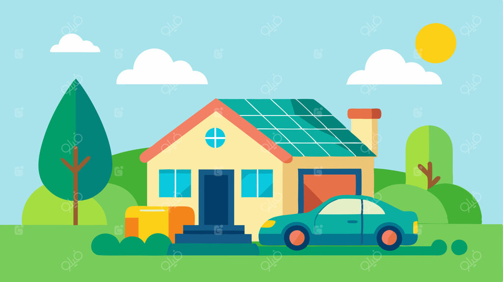 محلهٔ مسکونی: صحنه‌ای گرم و دنج با خودروی برقی در حال شارژ در پارکینگ خانه‌ای با پنل‌های خورشیدی بر روی سقف، احاطه شده توسط چمن سبز و گل‌های رنگارنگ.