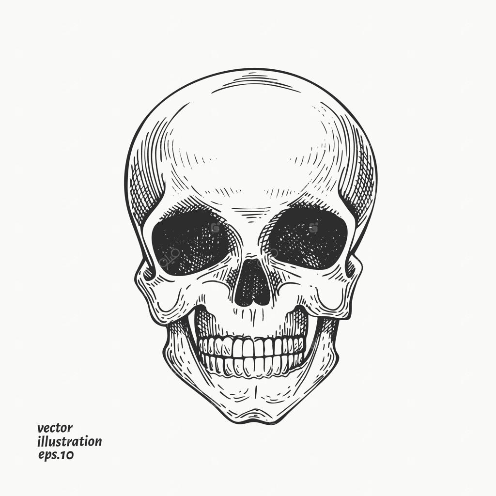 تصویر جمجمه انسان. طراحی دستی اسکلت.