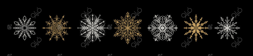 حاشیه فانتزی دانه‌های برف زمستانی روی پس‌زمینه سیاه. کارت تبریک سال نو و کریسمس مبارک، طراحی دعوت‌نامه و بنر. دانه‌های برف طلایی و نقره‌ای. عناصر تزئینی