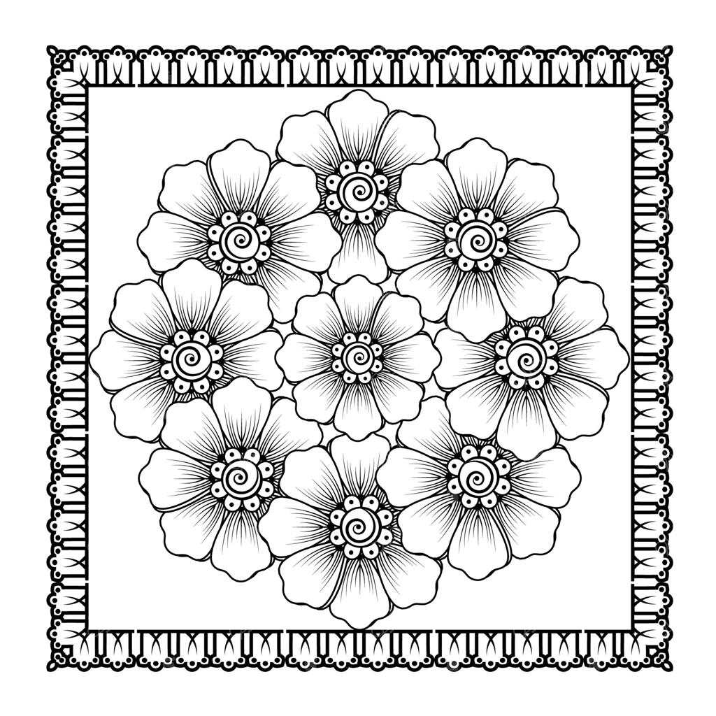 طرح حنای منحنی با گلبرگ‌ها و برگ‌ها.