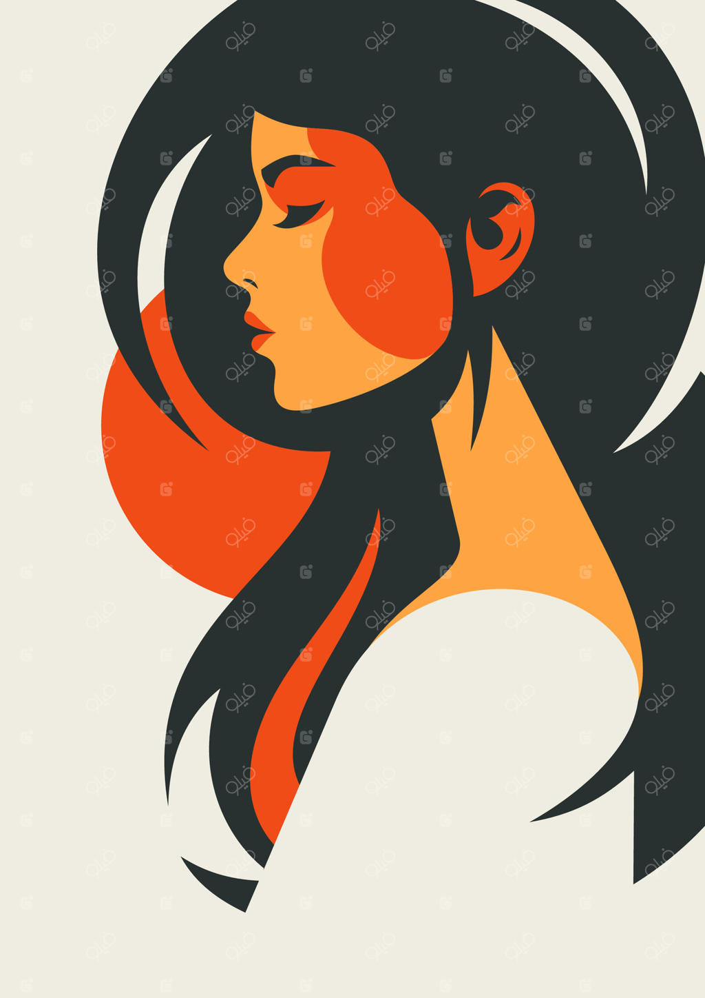 پوستر ساده هنری مینیمال: زن سبزه با موهای موج‌دار در زمینه پاییزی تر terracotta