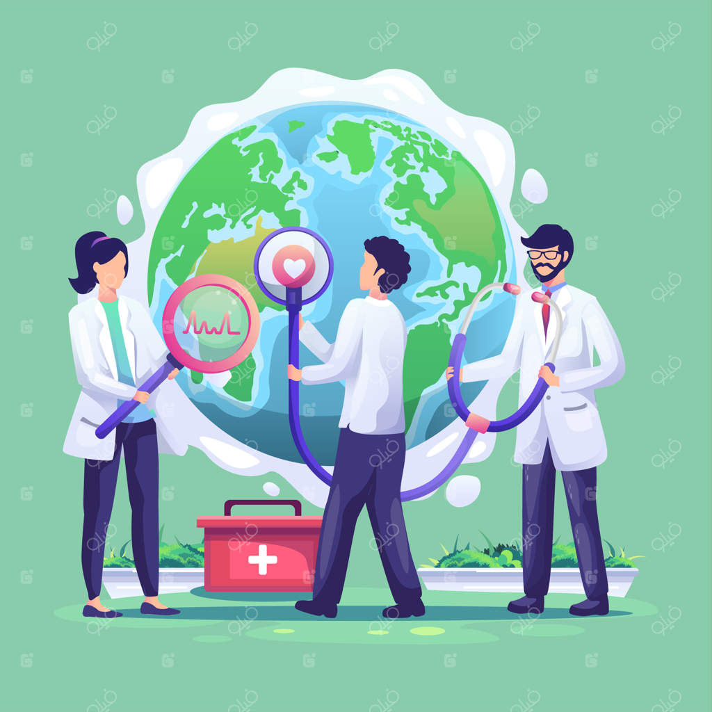 کارتونی از دکترها با دستگاه پزشکی که کلمه "اُو" روی آن نوشته شده است