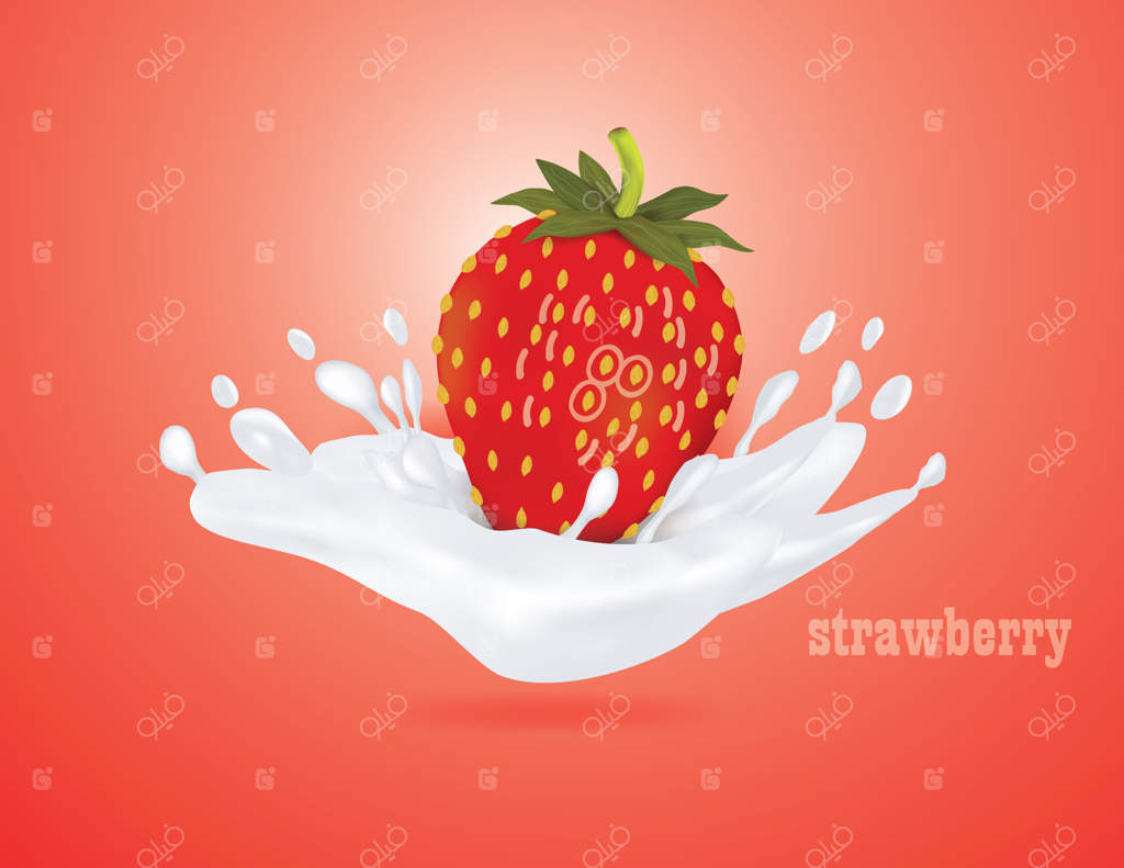 توت‌فرنگی در قطره‌های شیر بر روی زمینه قرمز